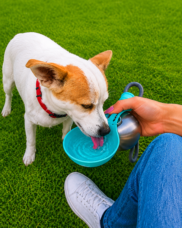 Dog drinking from PetalPaw bottle